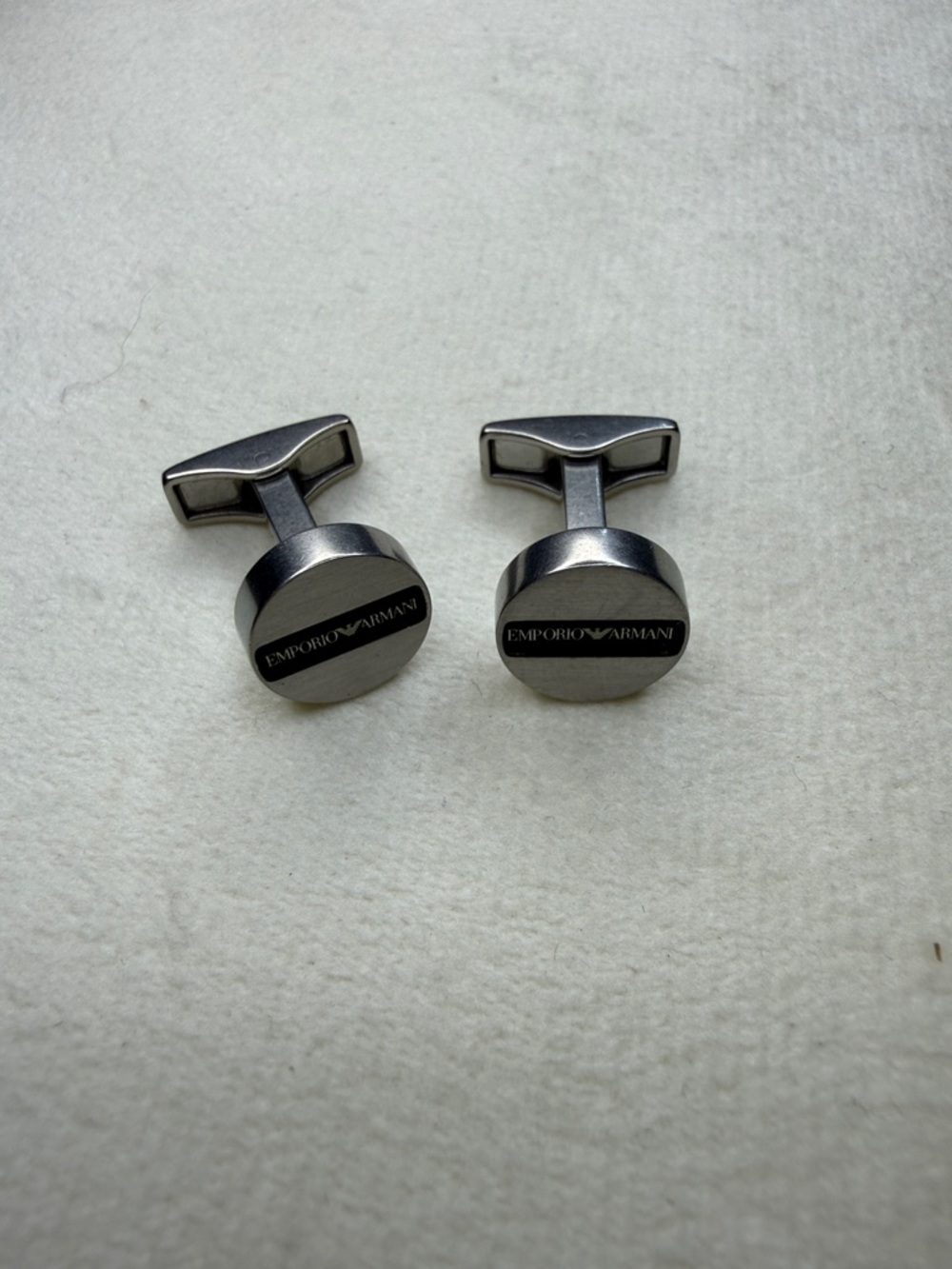 Emporio Armani Silver and Black Round Logo Cufflinks